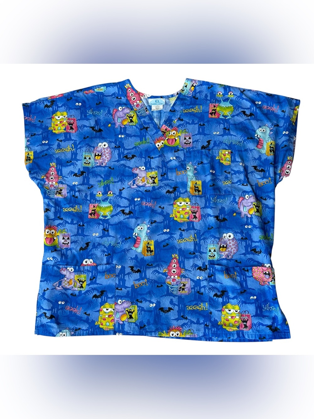 SB Fashion Scrubs Halloween Monster Print V-Neck Scrub Top - Size 2XL